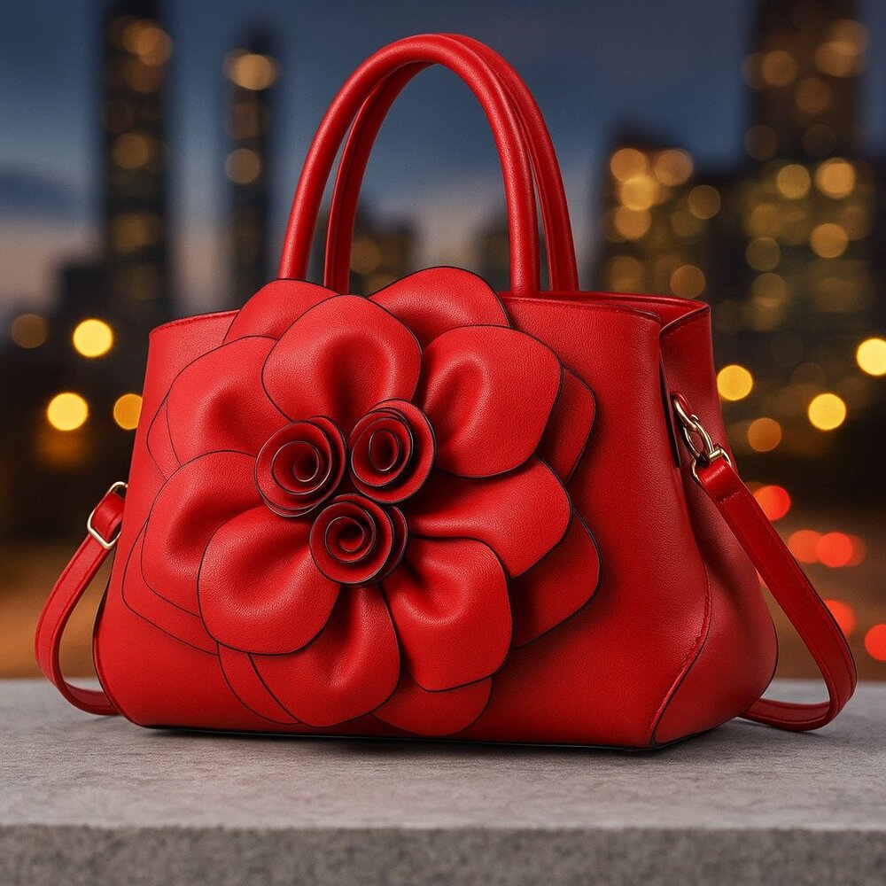 Red Rose Floral Satchel Handbag – Statement Bag with Flower Design & Strap - Picture 3 of 7